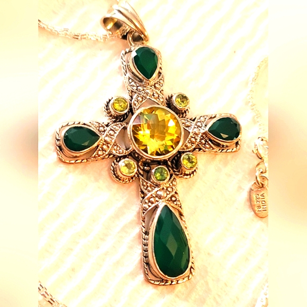 Nicky Butler Sterling Silver Cross Pendant Peridot Green Chalcedony Lemon Quartz